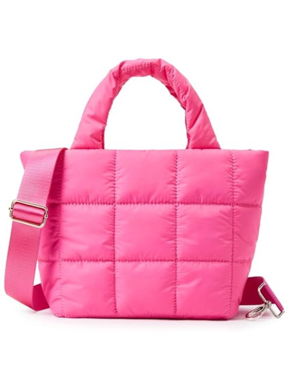 Pink Quilted Puffer Tote Bag Lightweight Nylon Crossbody Shoulder Purse